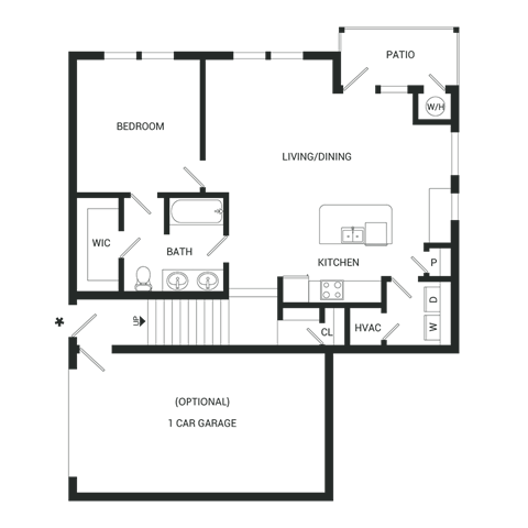 Floor plan for 1 bed, 1 bath, 832 sqft